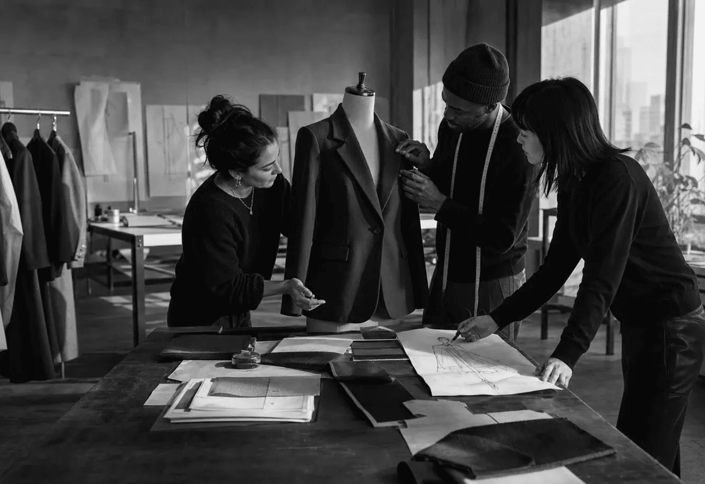 Reunited design team reviewing patterns and a tailored jacket at a studio table