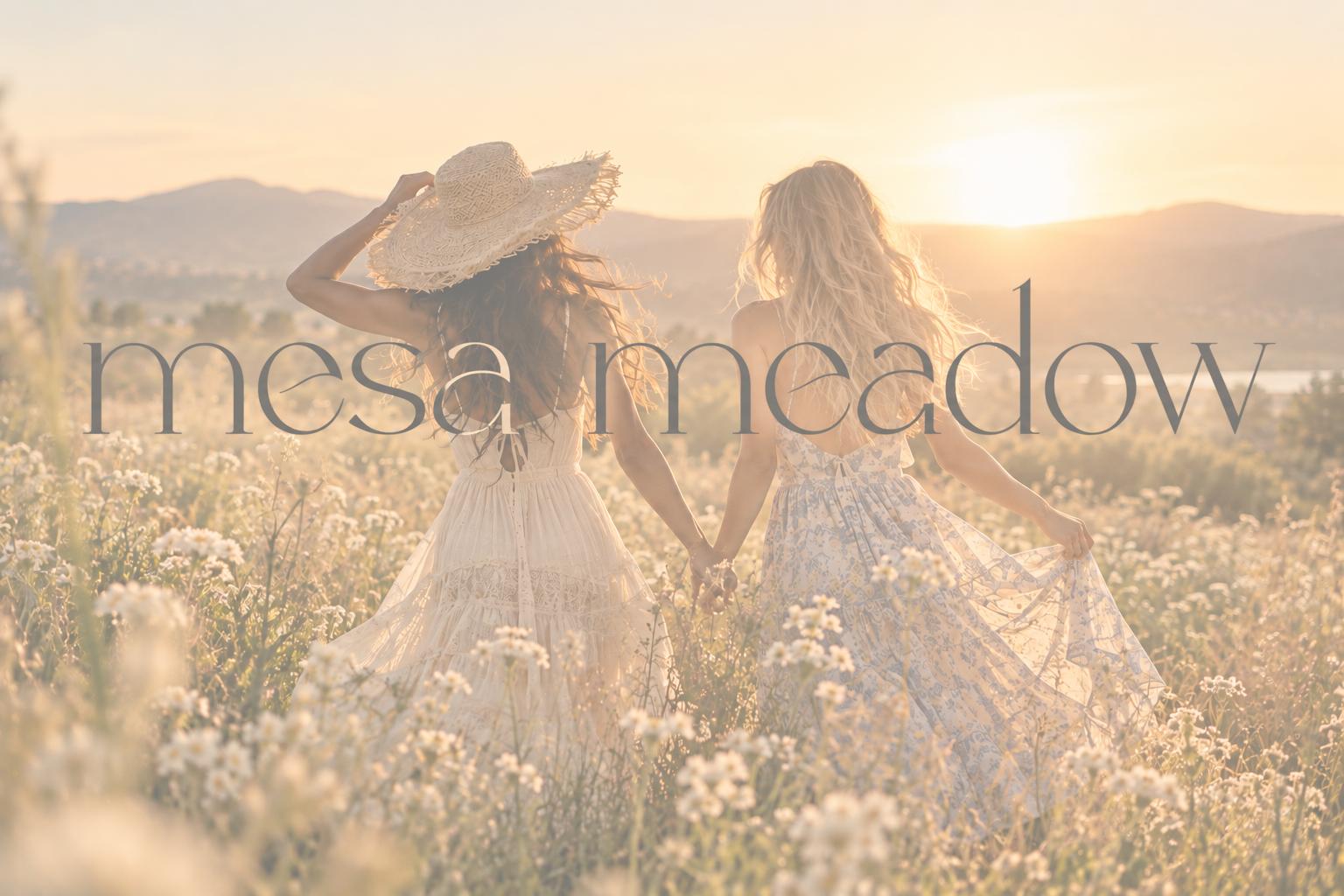 Mesa Meadow campaign image of two women walking through a wildflower field at sunset